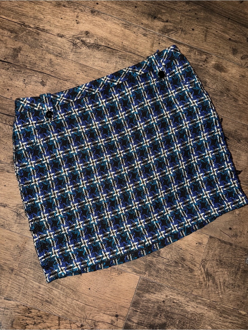 LOFT Women's Blue Black White Plaid Tweed Mini Skirt side zipper Size 12